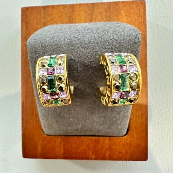 GIVENCHY Crystal Rhinestone Multi color Half Hoop Gold tone Earrings - Picture 4 of 7